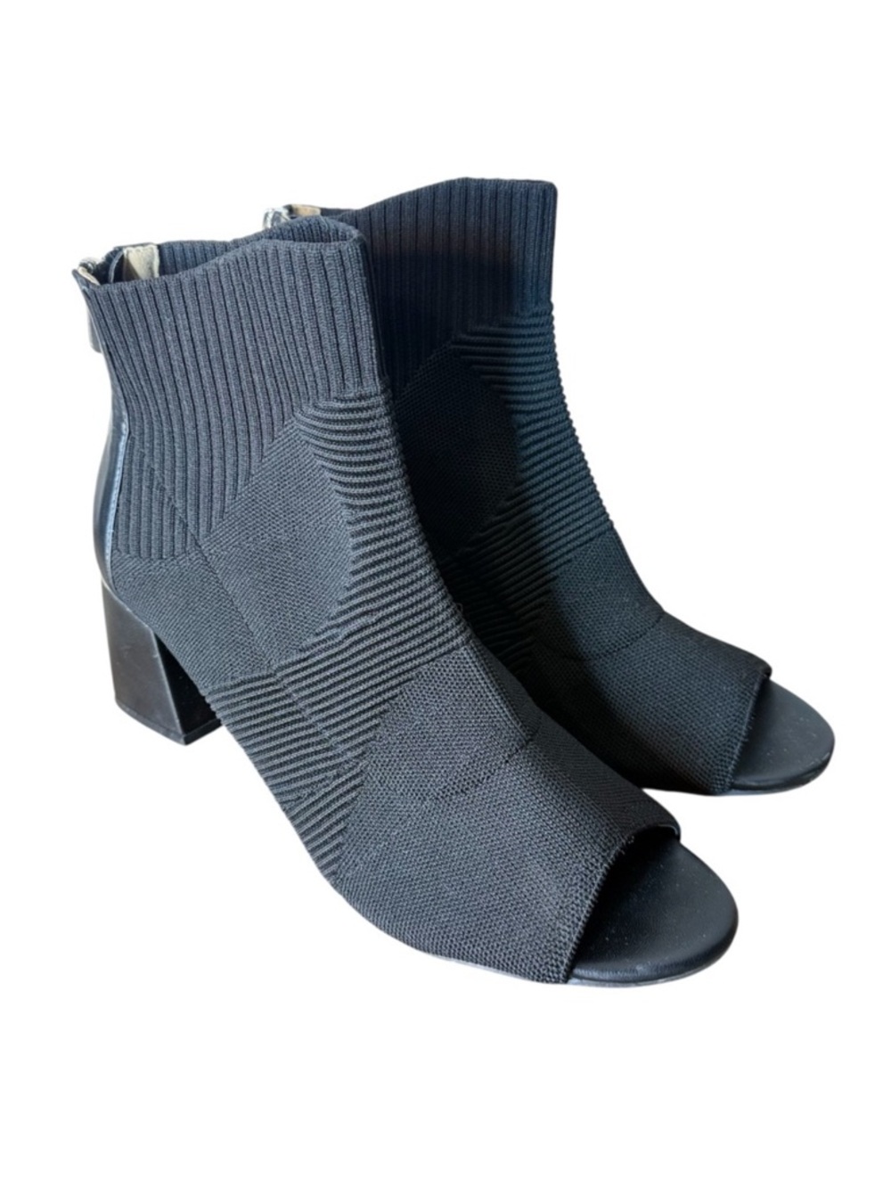 ADRIENNE VITTADINI Black Beena Sock Ankle Booties Knit Chunky Heel Peep Toe 9.5